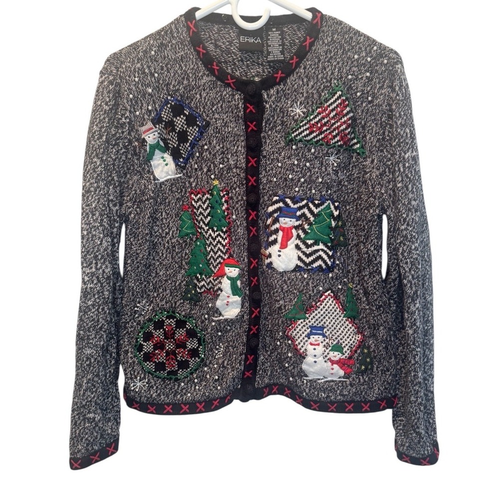 Vintage Erika Colorful Snowman Christmas Tree Ugly Holiday Cardigan Sweater M